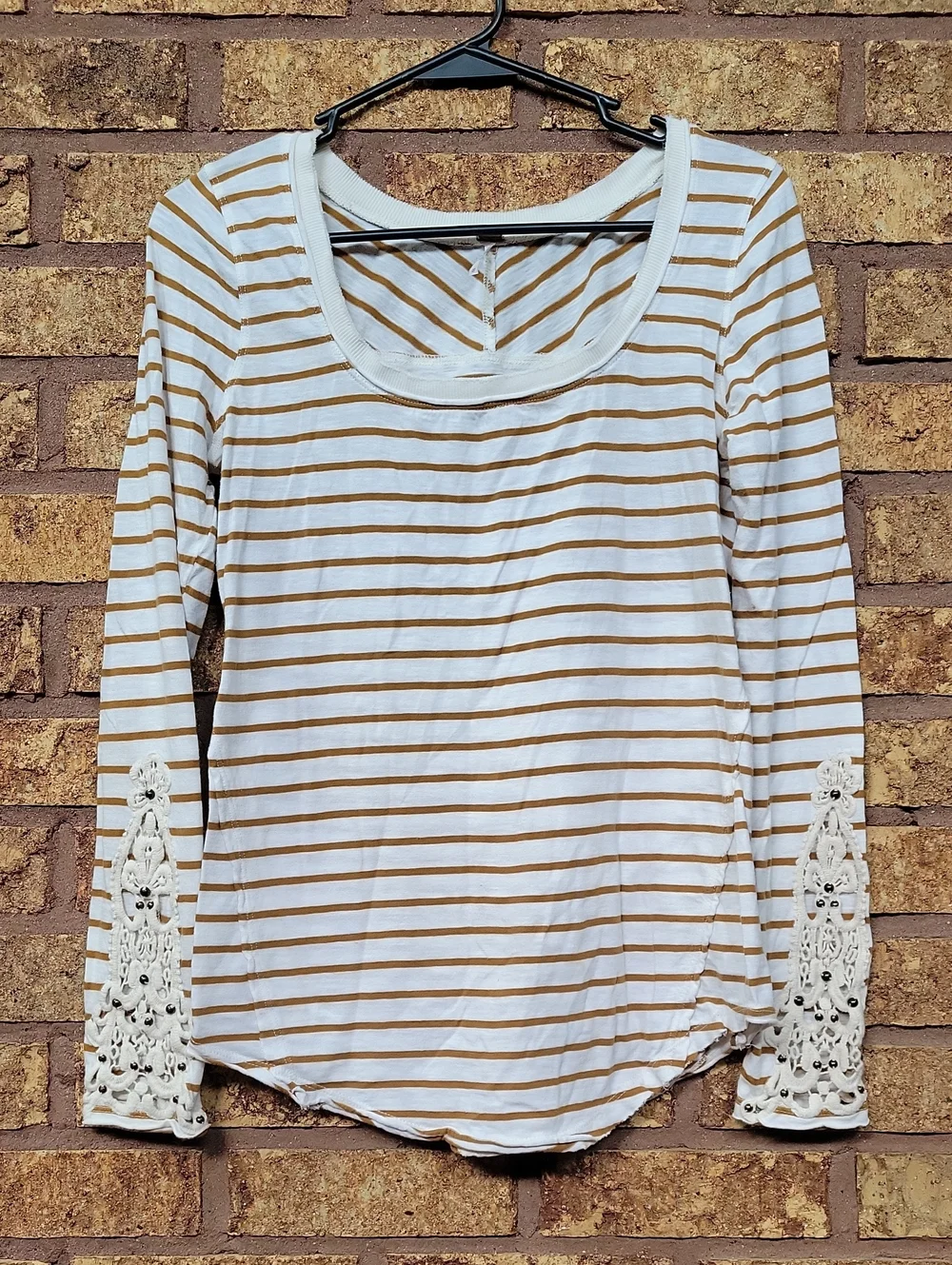 Free People Striped Scoop Neck Long Sleeve Top with Lace Cuff Cottom Size Medium